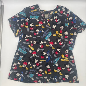 Women's Disney Black Mickey Mouse Short Sleeve Scrub Top L